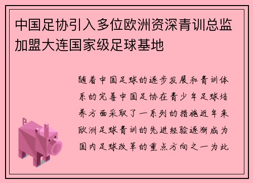 中国足协引入多位欧洲资深青训总监加盟大连国家级足球基地 中国足协引入多位欧洲资深青训总监加盟大连国家级足球基地